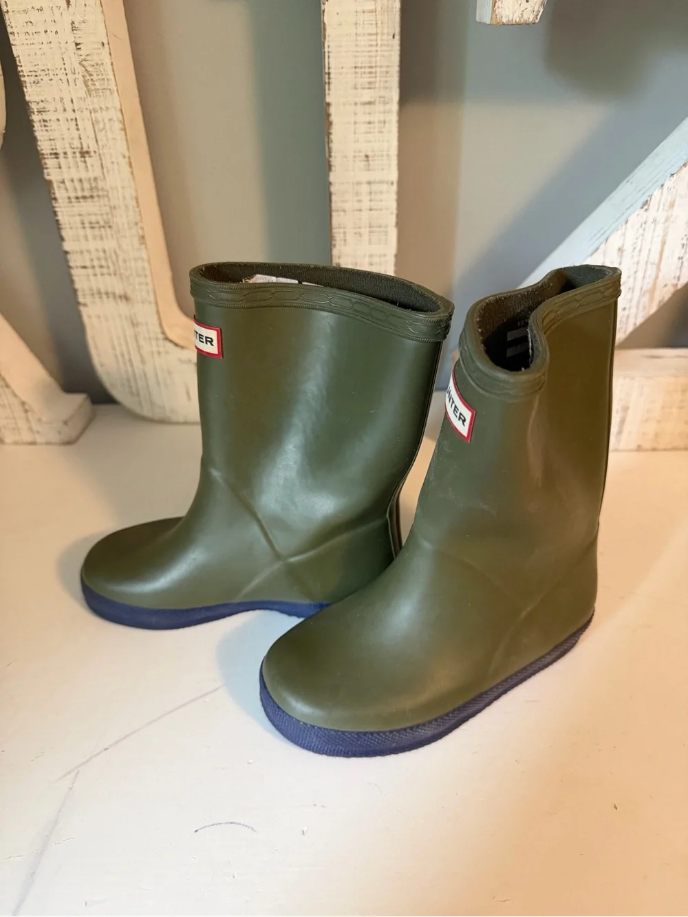 Hunter Kids Olive Green Rain Boots with Navy Soles